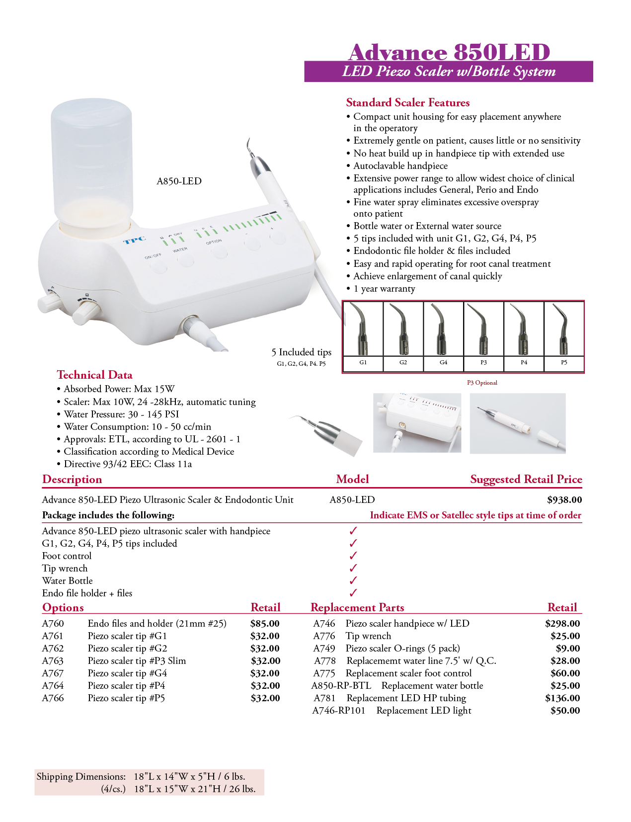 TPC manufacturer specifications and available options