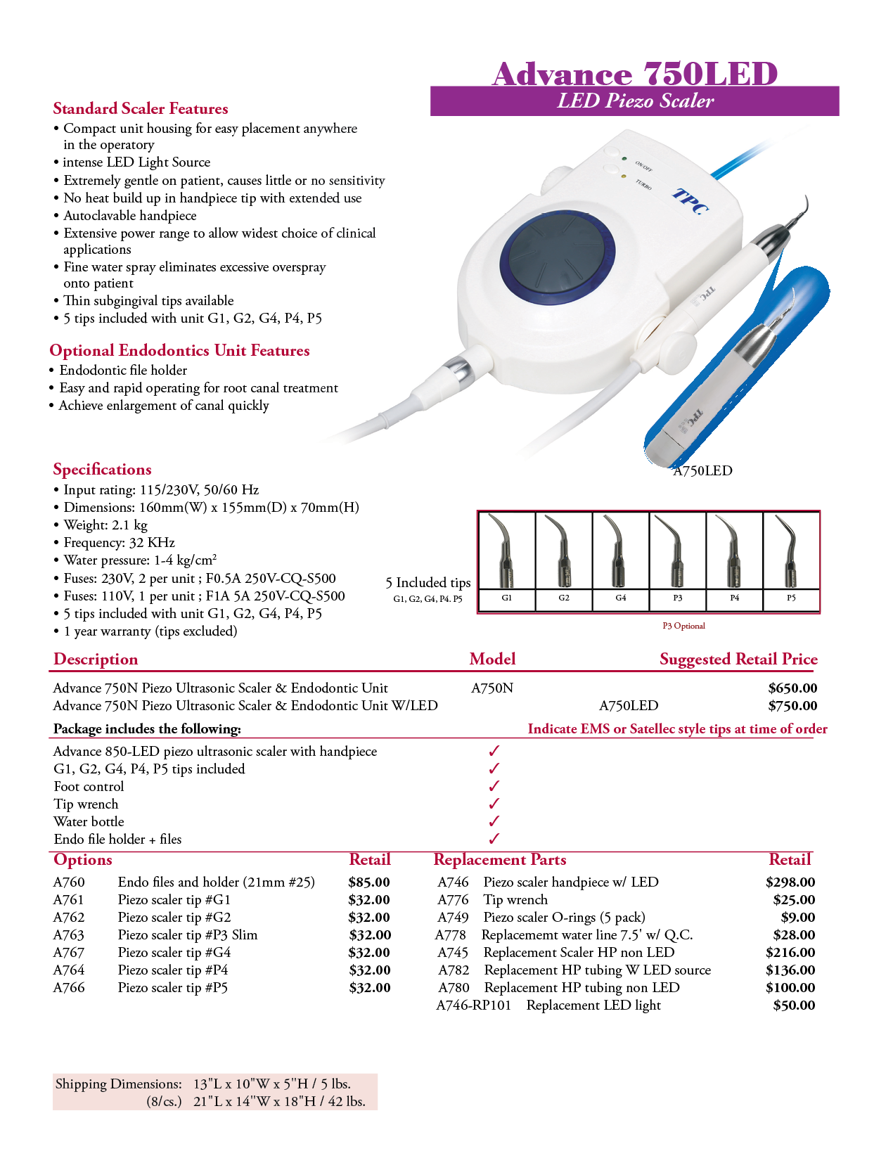 TPC manufacturer specifications and available options