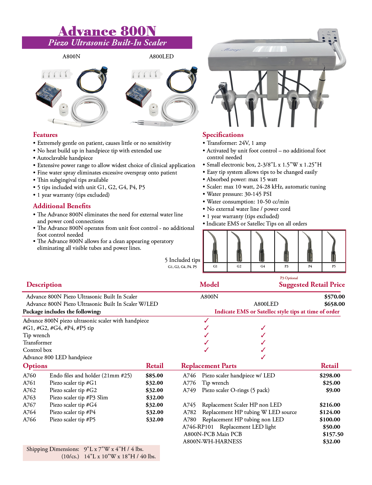 TPC manufacturer specifications and available options