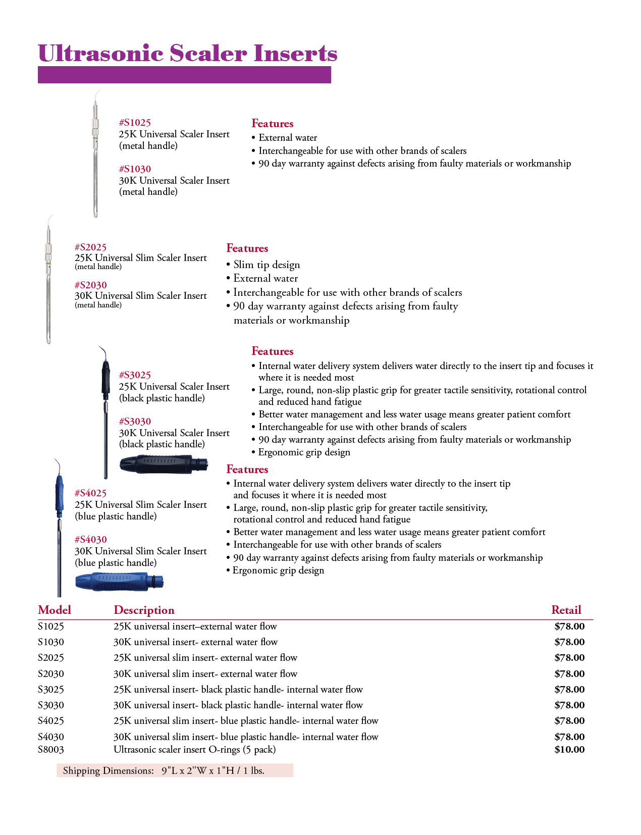 TPC Ultrasonic Scaler Inserts manufacturer specifications and options