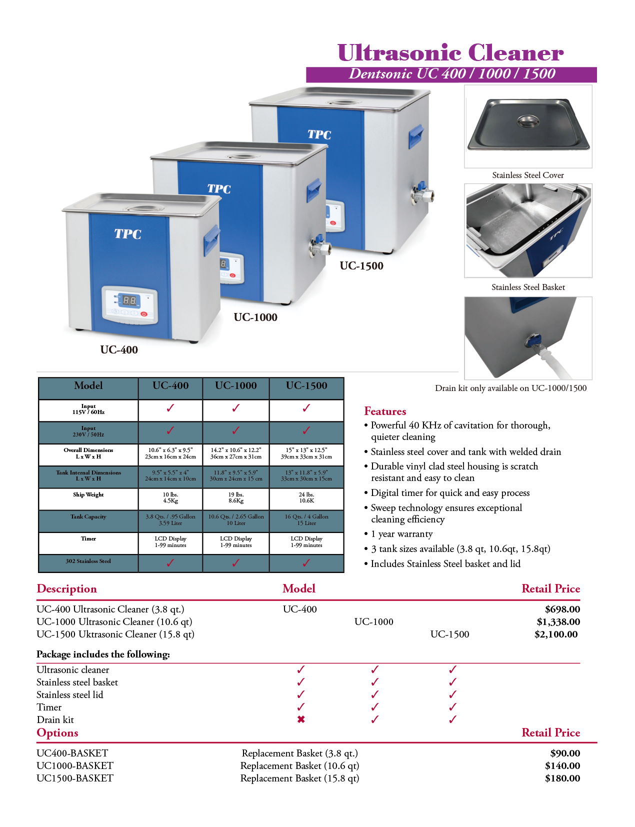 TPC Dentsonic UC1500 Ultrasonic Cleaner — 15.8 Quart manufacturer specifications and options