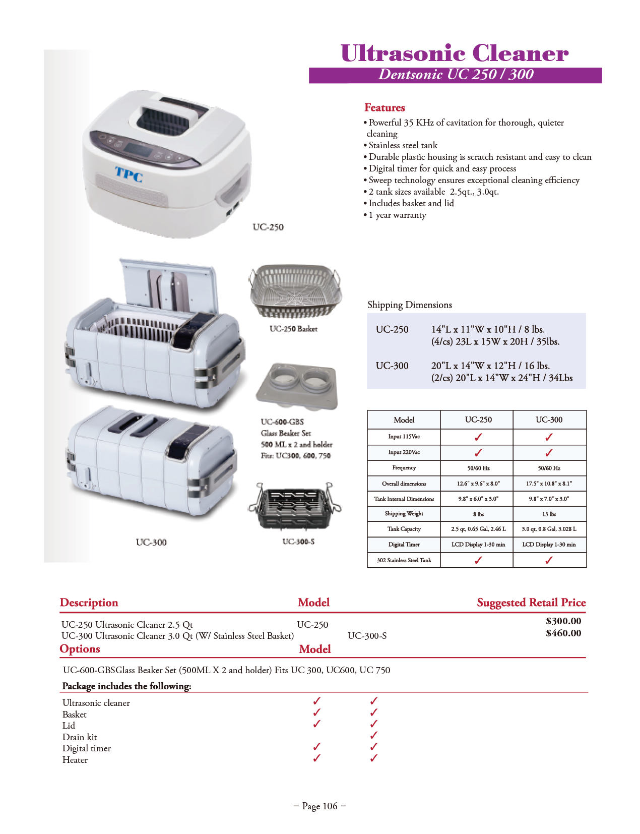 TPC manufacturer specifications and available options