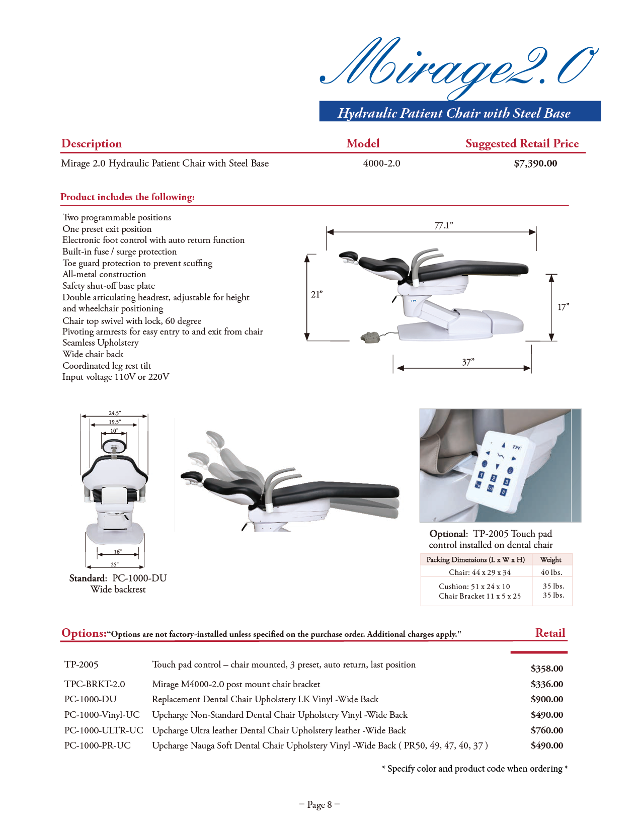 TPC manufacturer specifications and available options