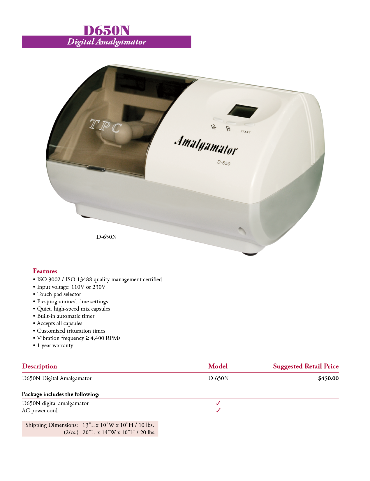 TPC manufacturer specifications and available options