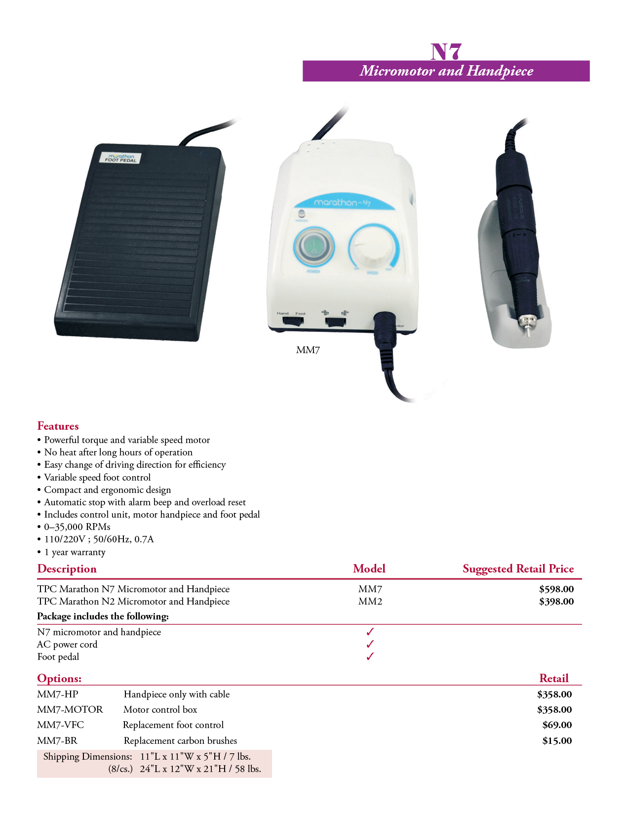 TPC manufacturer specifications and available options