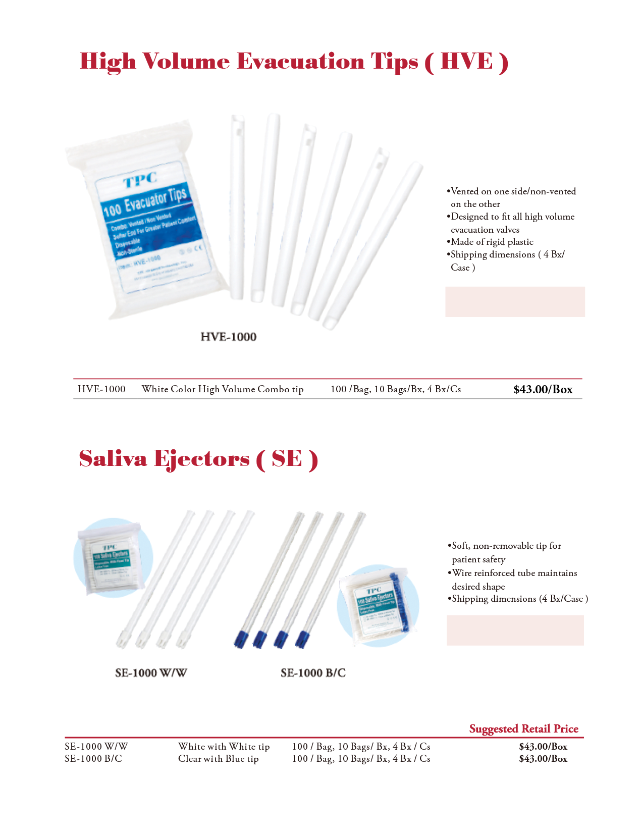 TPC High Volume Evacuation Tips & Saliva Ejectors manufacturer specifications and options