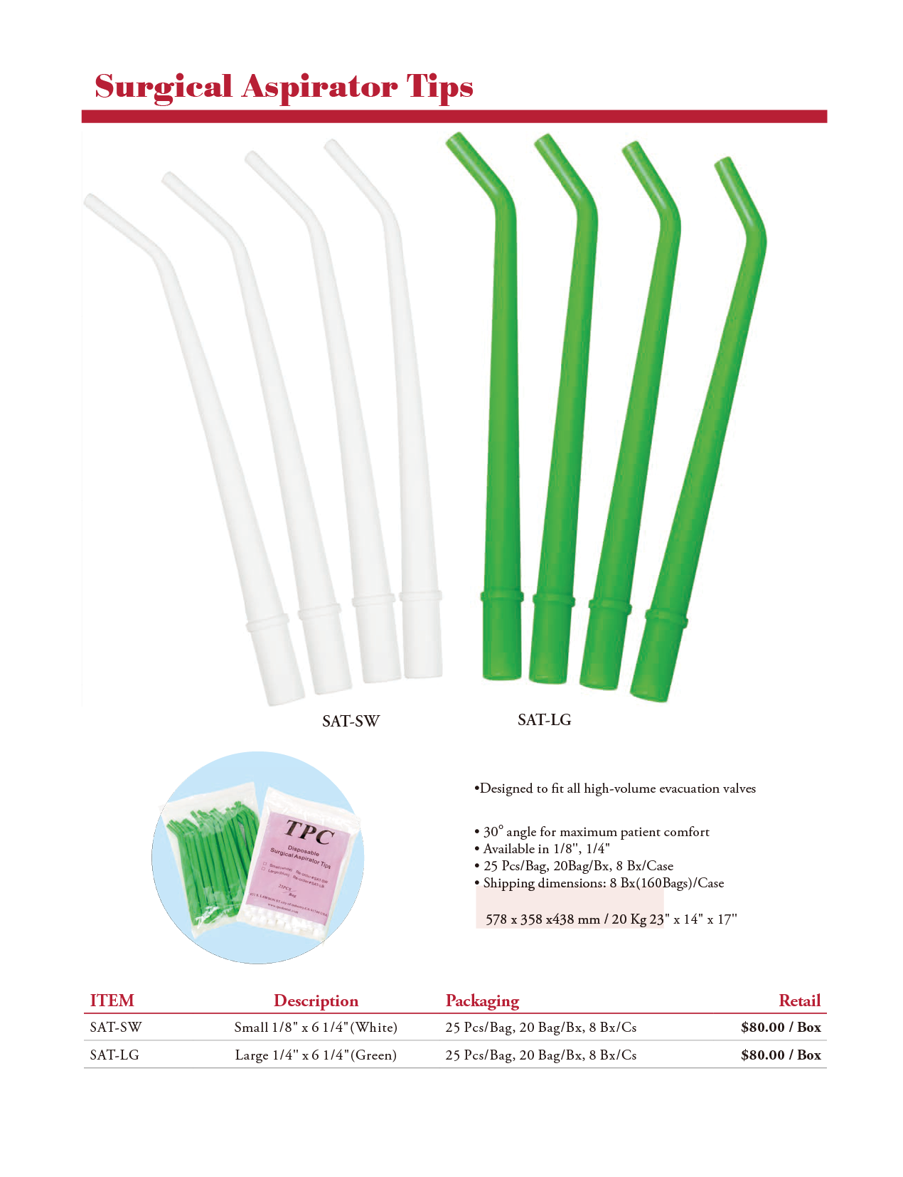 TPC Surgical Aspirator Tips manufacturer specifications and options