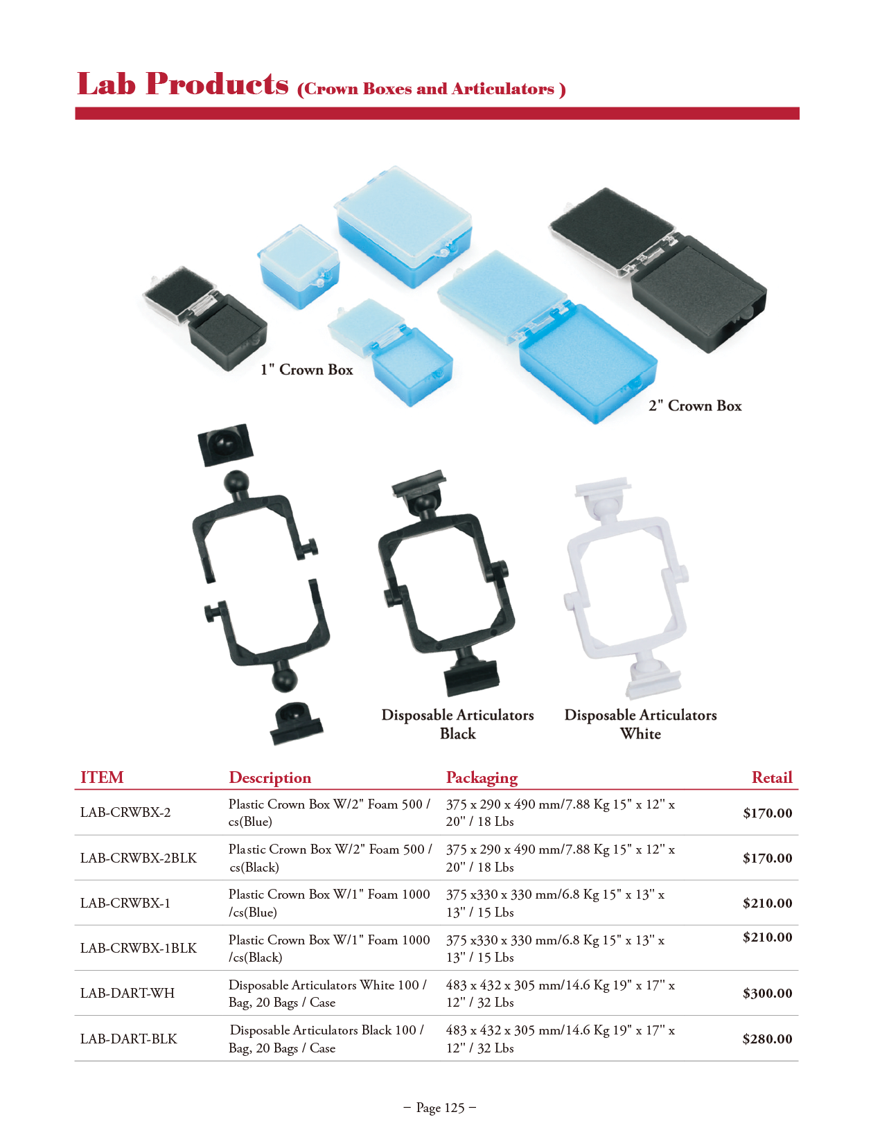 TPC Crown Boxes & Disposable Articulators manufacturer specifications and options