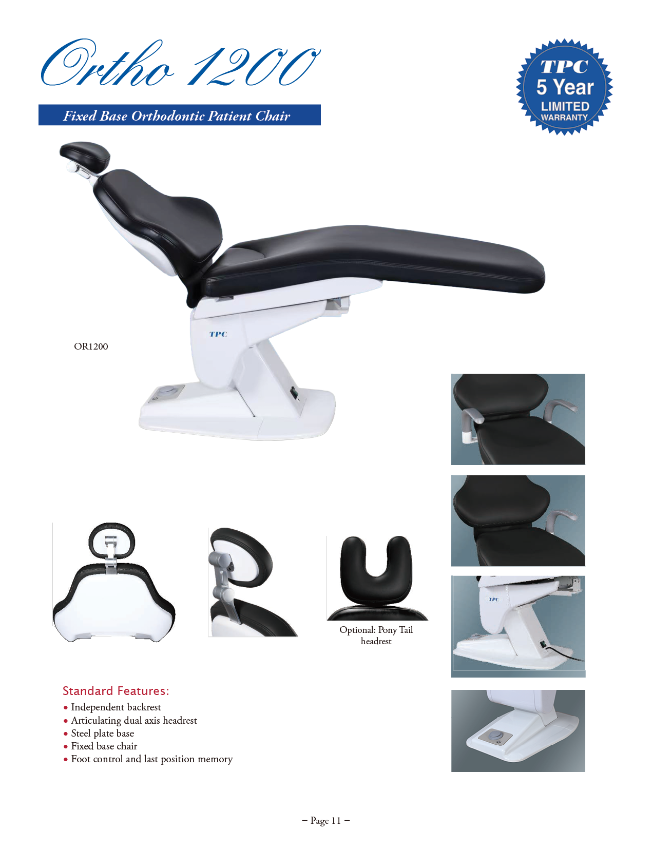 TPC Mirage OR1200 Fixed Base Orthodontic Chair manufacturer specifications and options