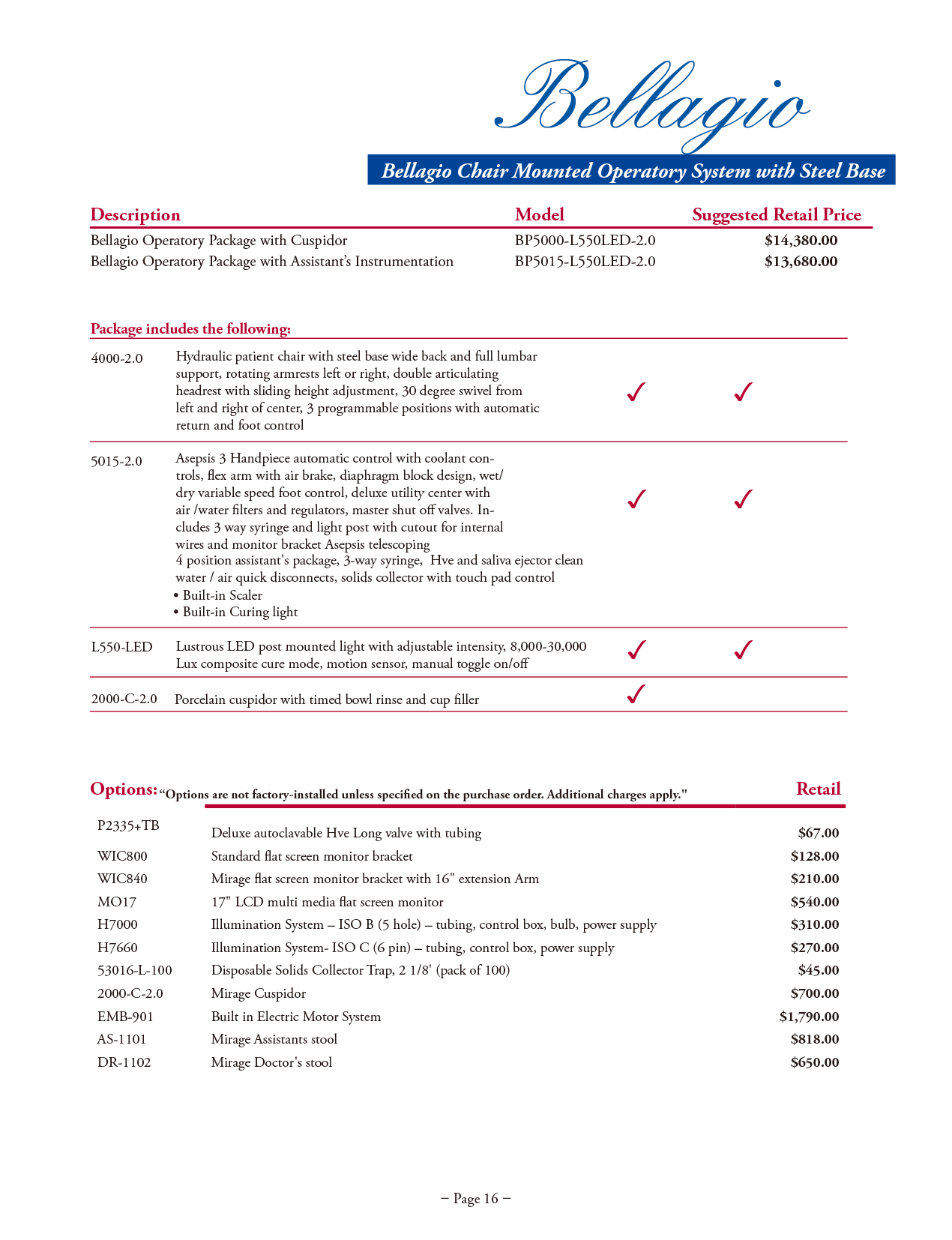 TPC Bellagio Operatory Package with Lustrous LED manufacturer specifications and options