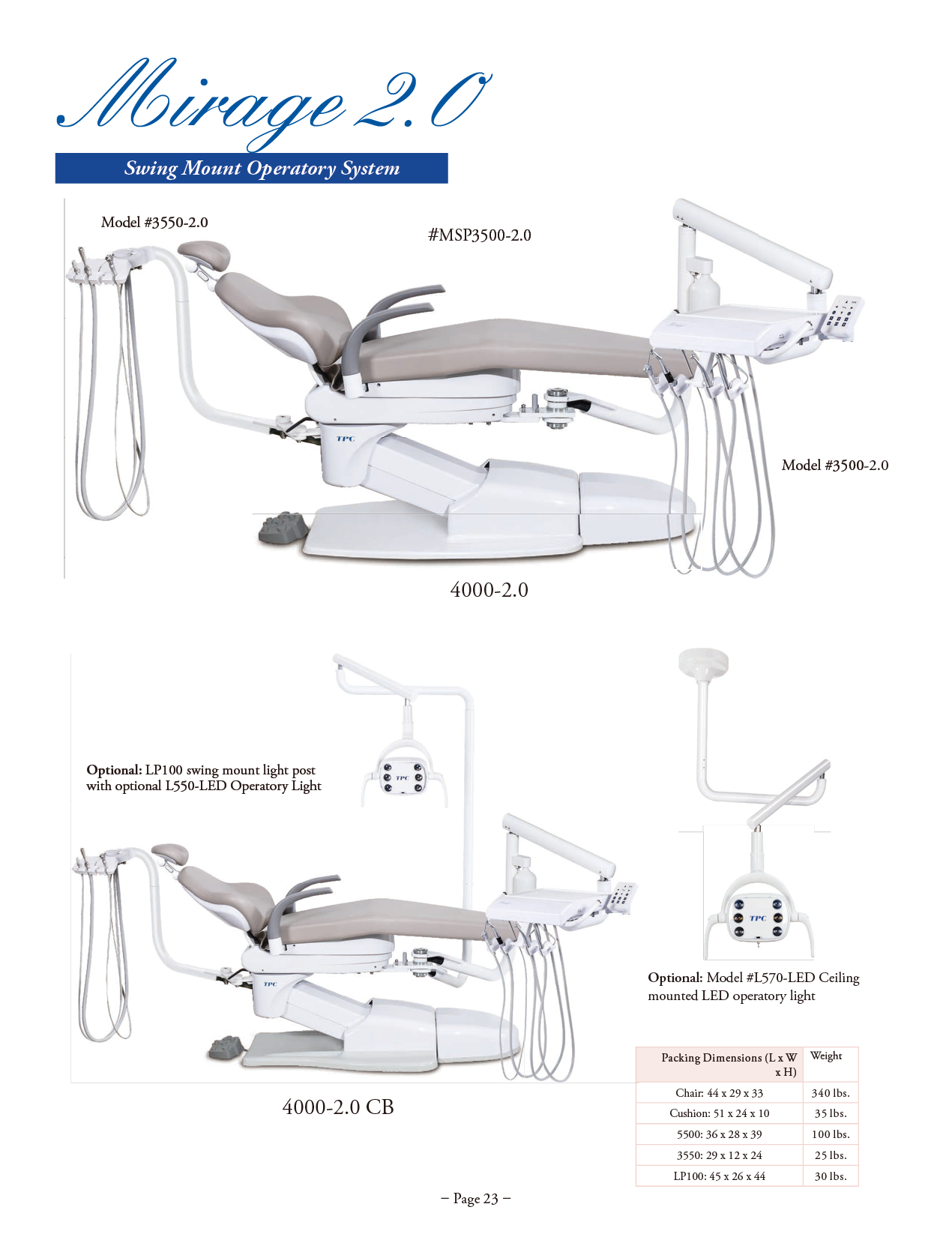 TPC Mirage 2.0 Swing Mount Operatory Package — Cast Aluminum Base manufacturer specifications and options
