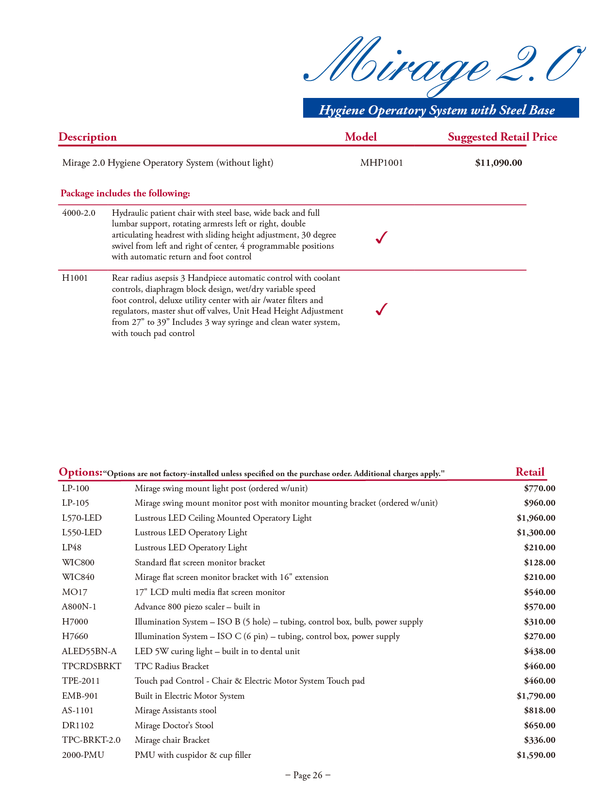 TPC Mirage 2.0 Hygiene Operatory Package manufacturer specifications and options
