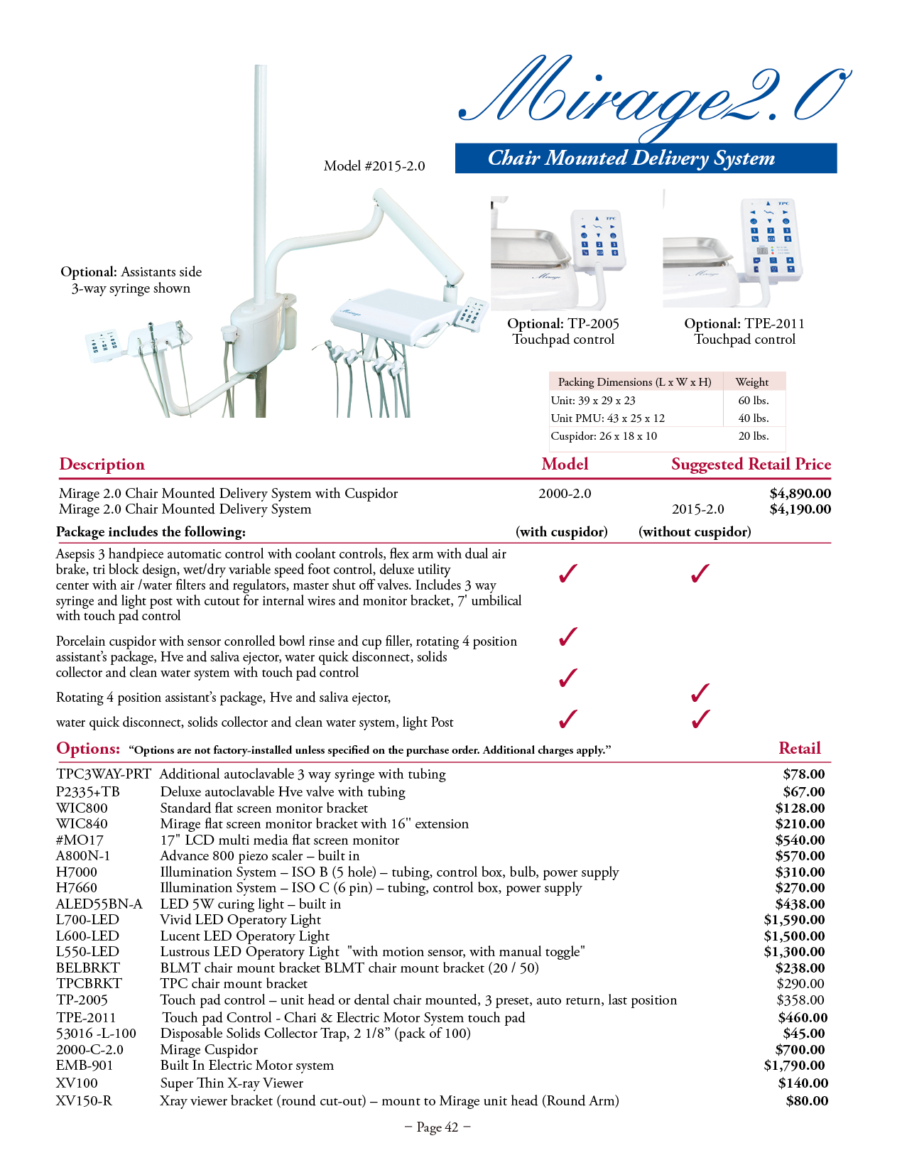 TPC manufacturer specifications and available options