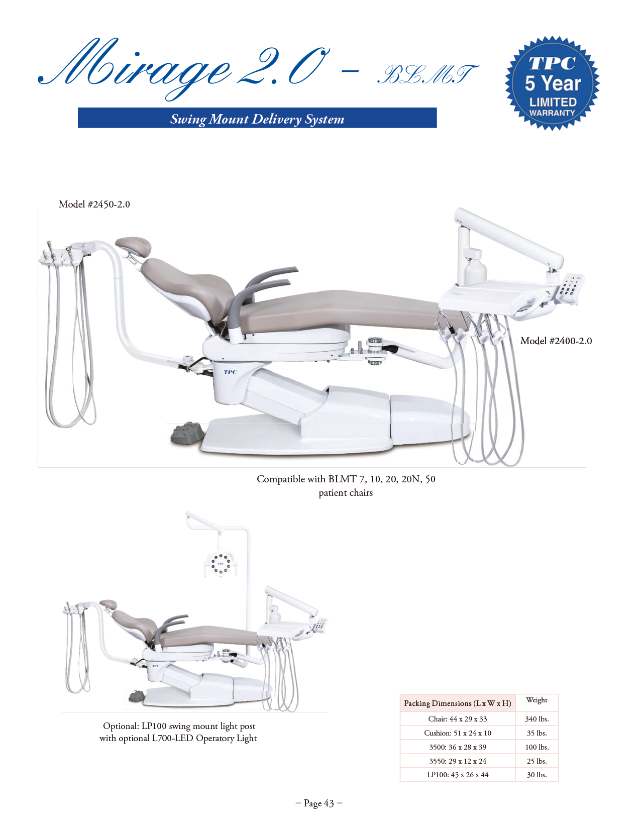 TPC Mirage 2.0 BLMT Swing Mount Delivery System manufacturer specifications and options