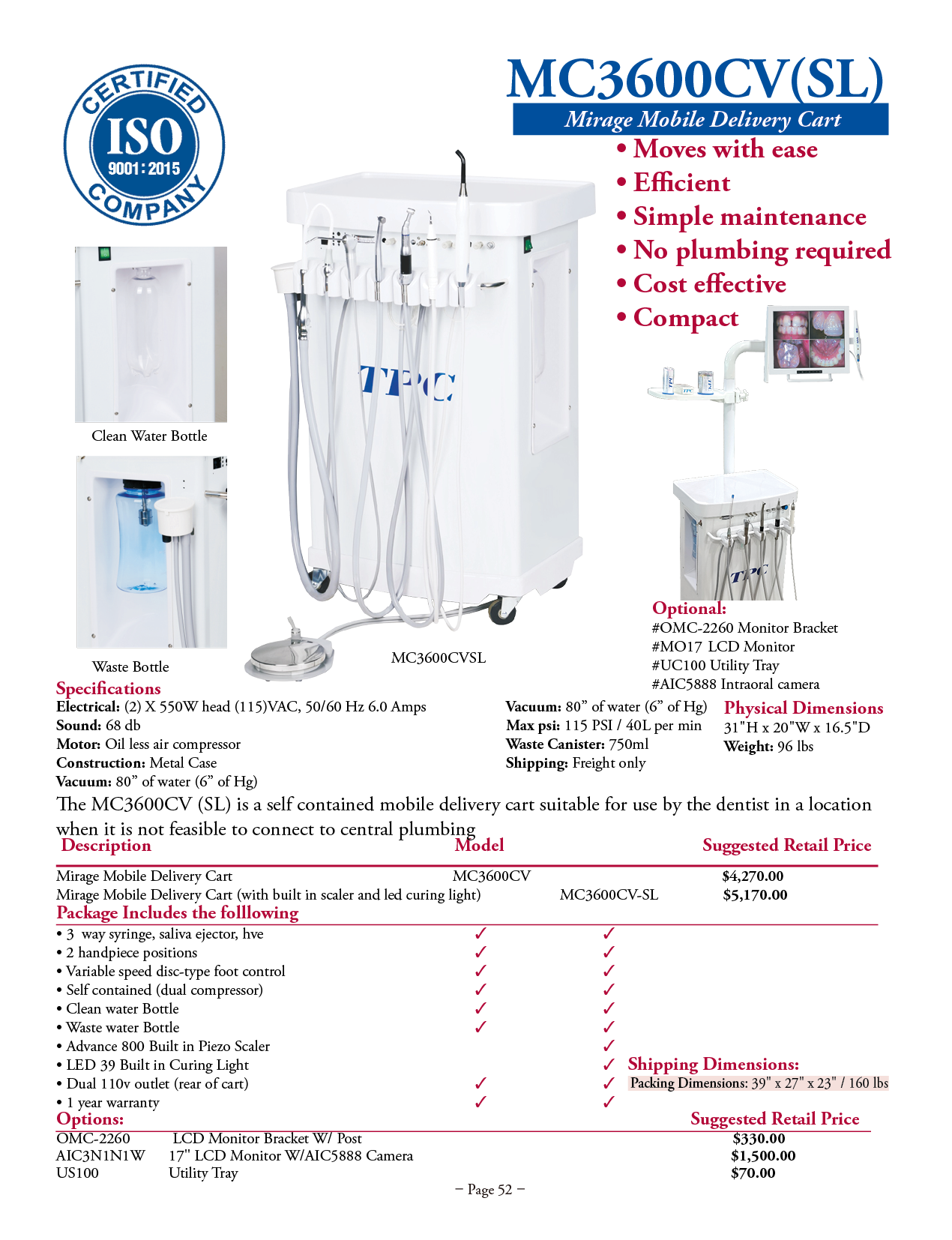 TPC manufacturer specifications and available options