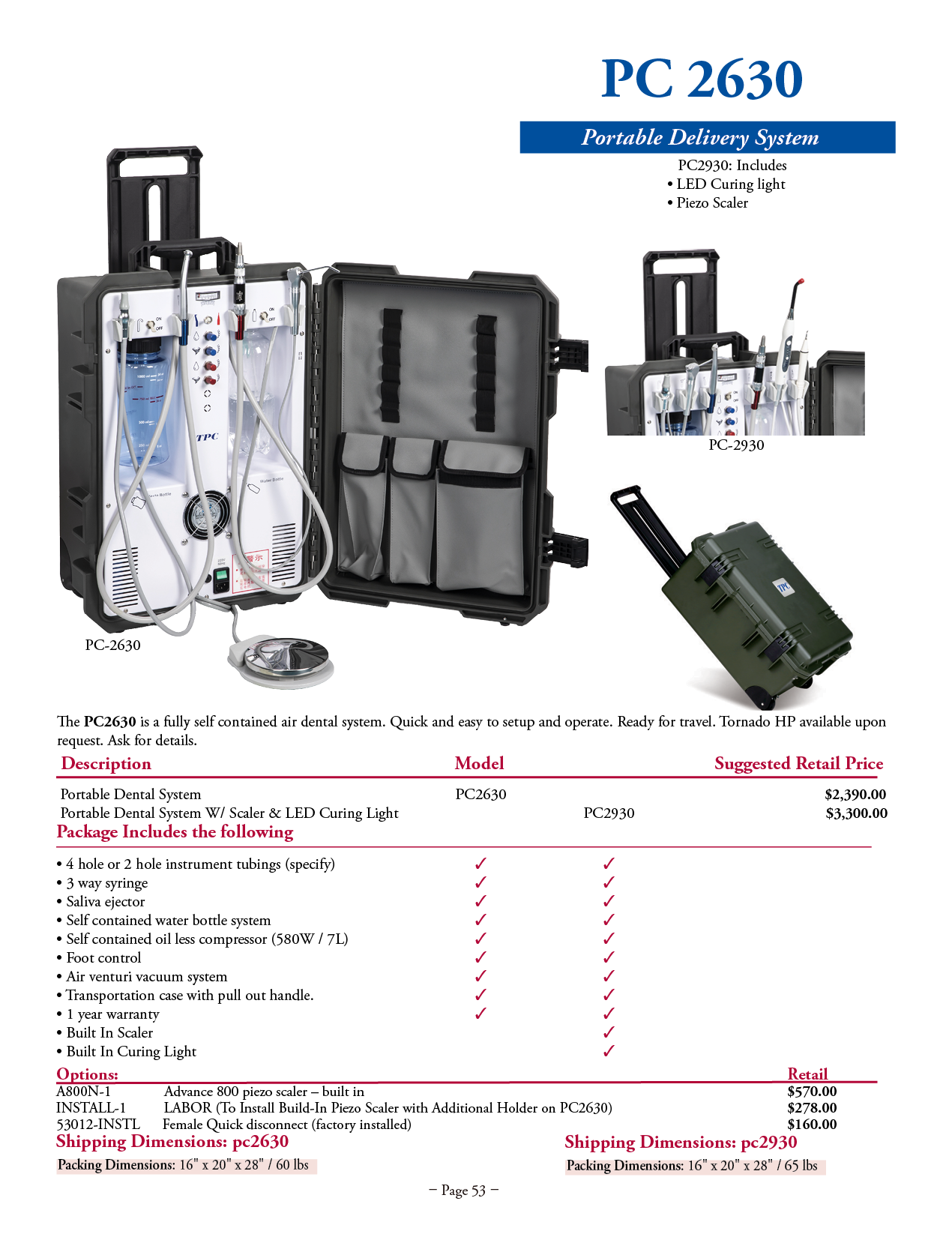 TPC Portable Dental Delivery System with Scaler and LED Curing Light manufacturer specifications and options