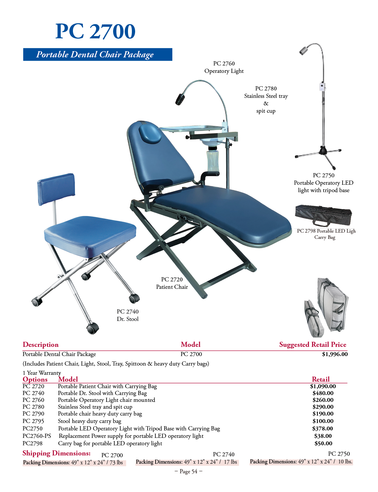 TPC Portable Dental Chair and Accessories manufacturer specifications and options