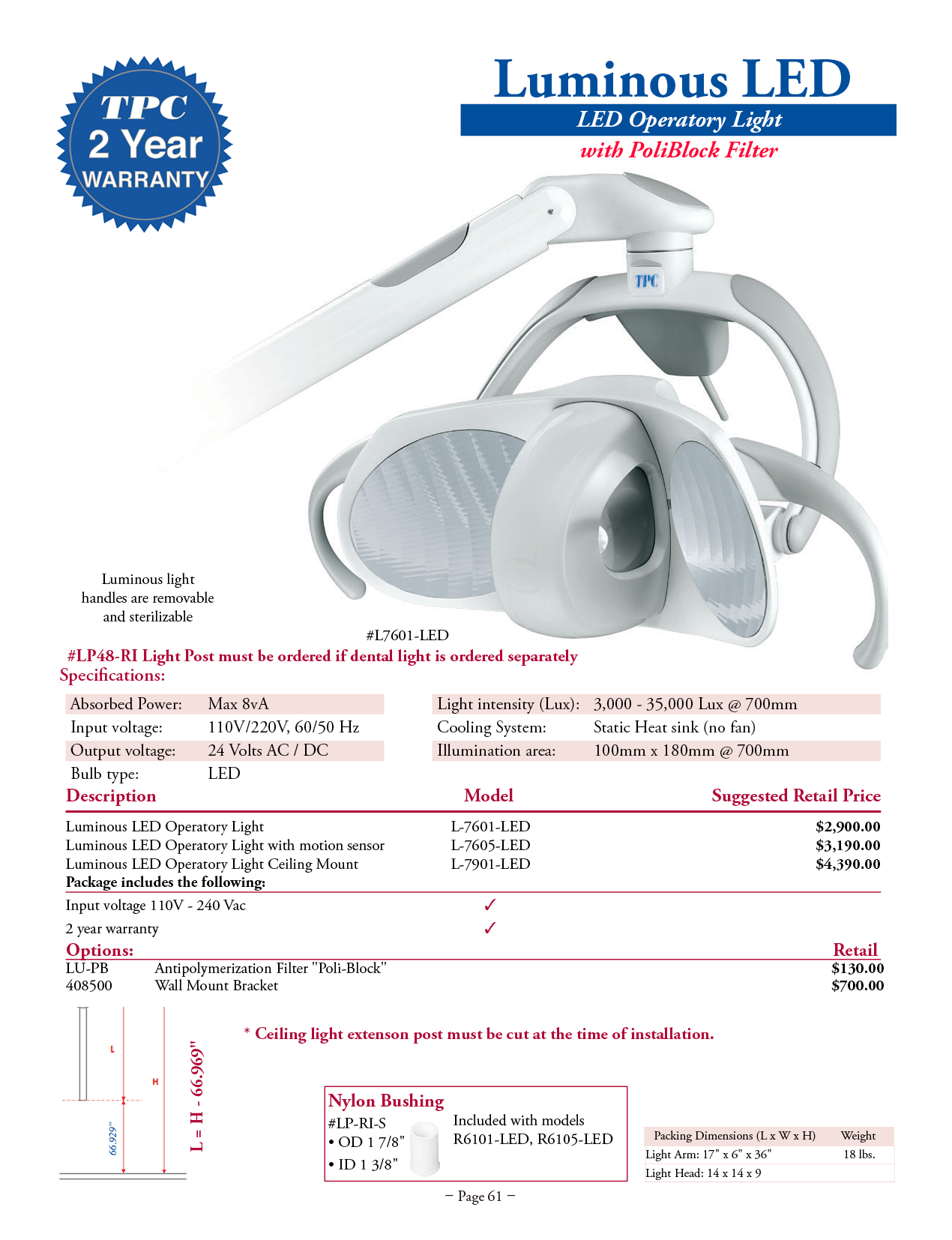 TPC Luminous LED Dental Operatory Lights manufacturer specifications and options