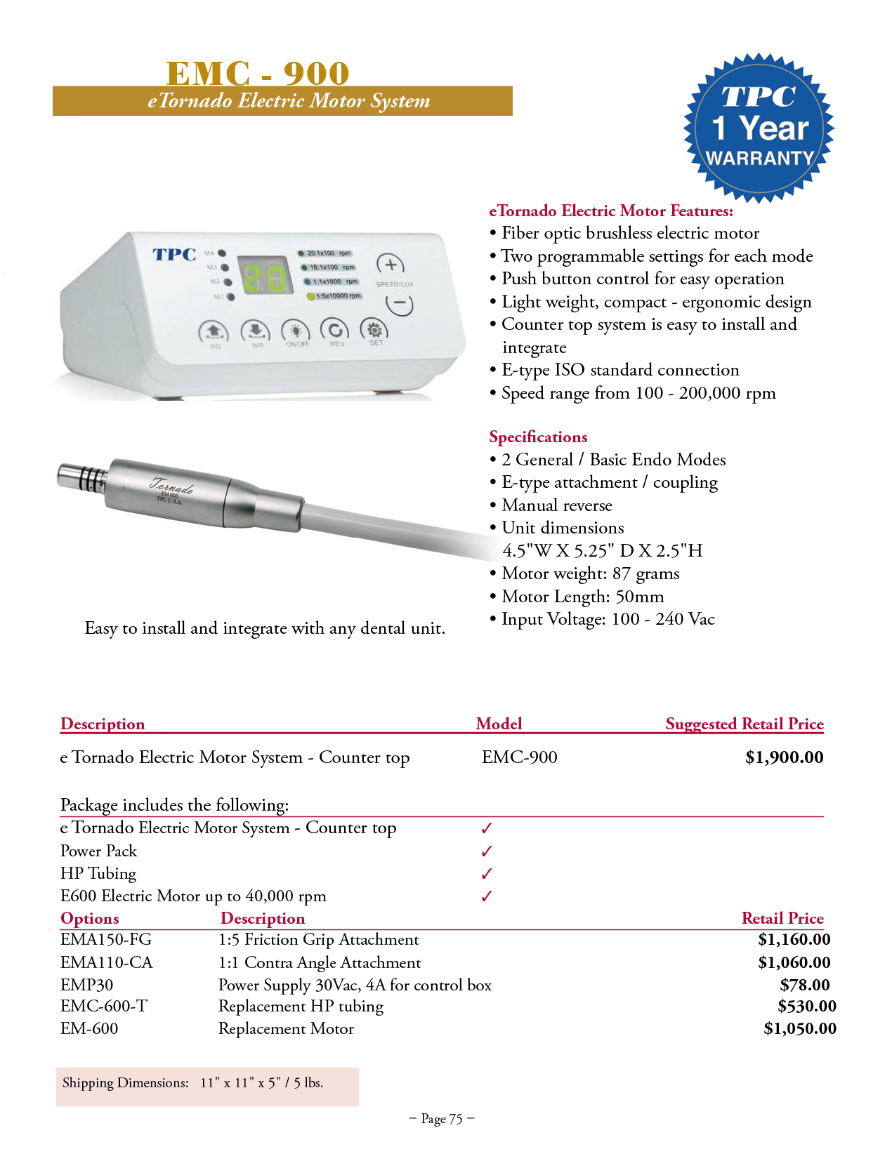 TPC manufacturer specifications and available options