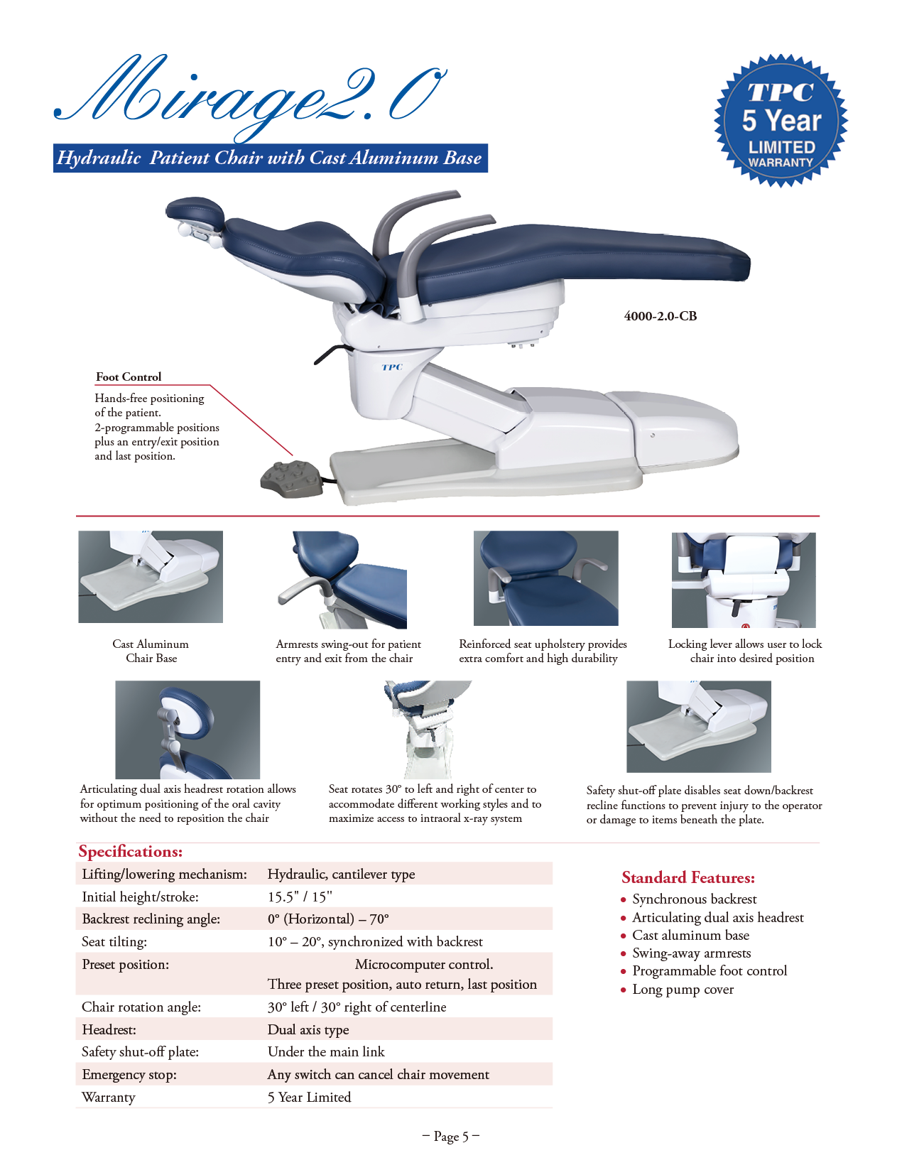 TPC Mirage 2.0 Hydraulic Dental Chair — Cast Aluminum Base manufacturer specifications and options