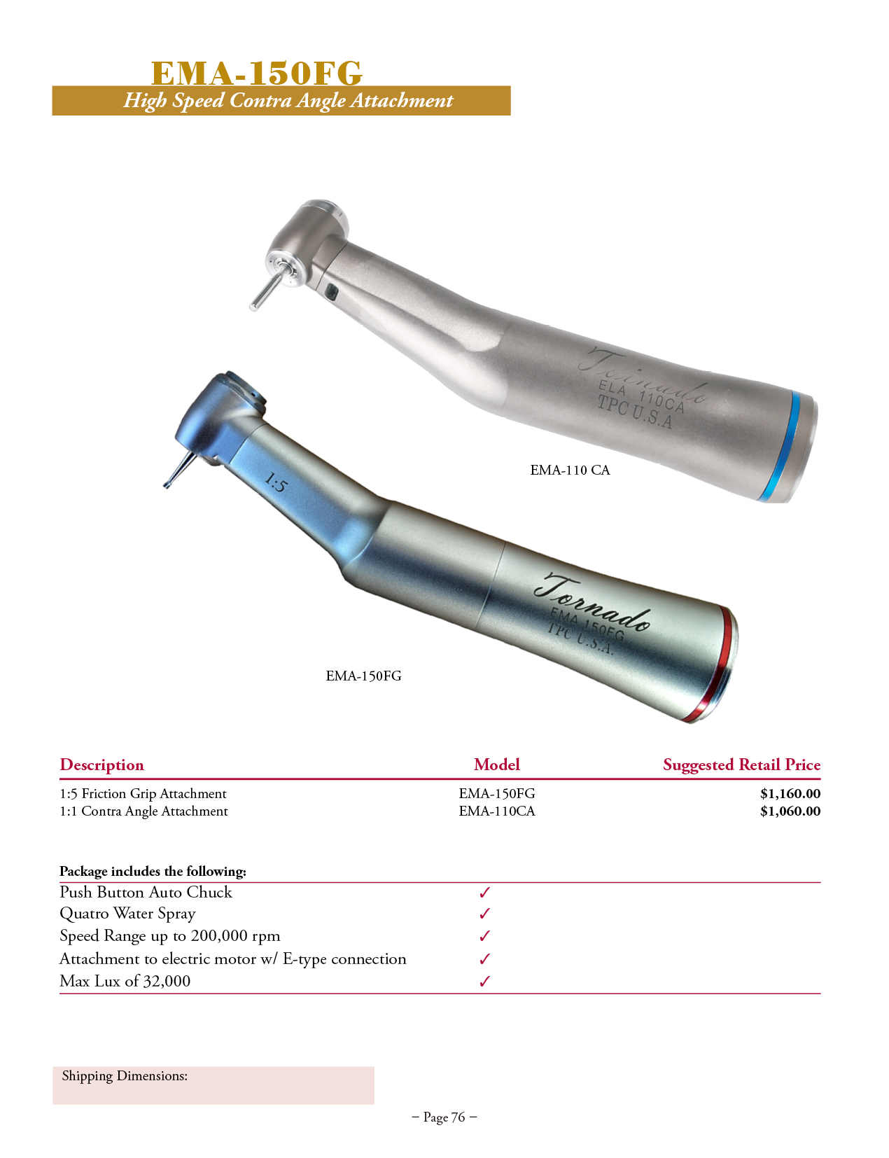 TPC eTornado 1:1 Contra Angle Attachment manufacturer specifications and options
