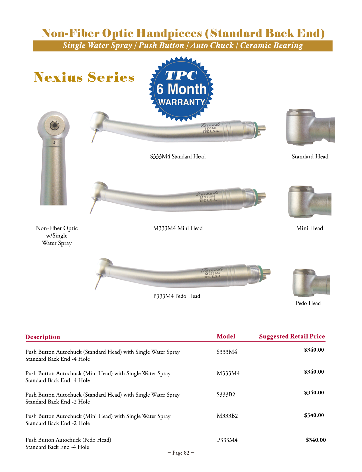 TPC Nexius Non-Fiber Optic Swivel High Speed Handpieces manufacturer specifications and options