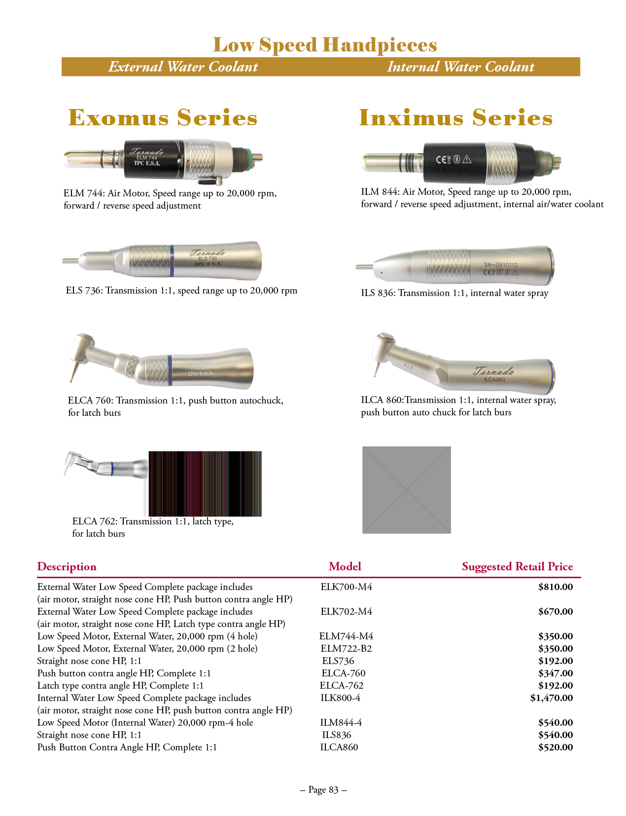 TPC Tornado Low Speed Handpieces and Attachments manufacturer specifications and options