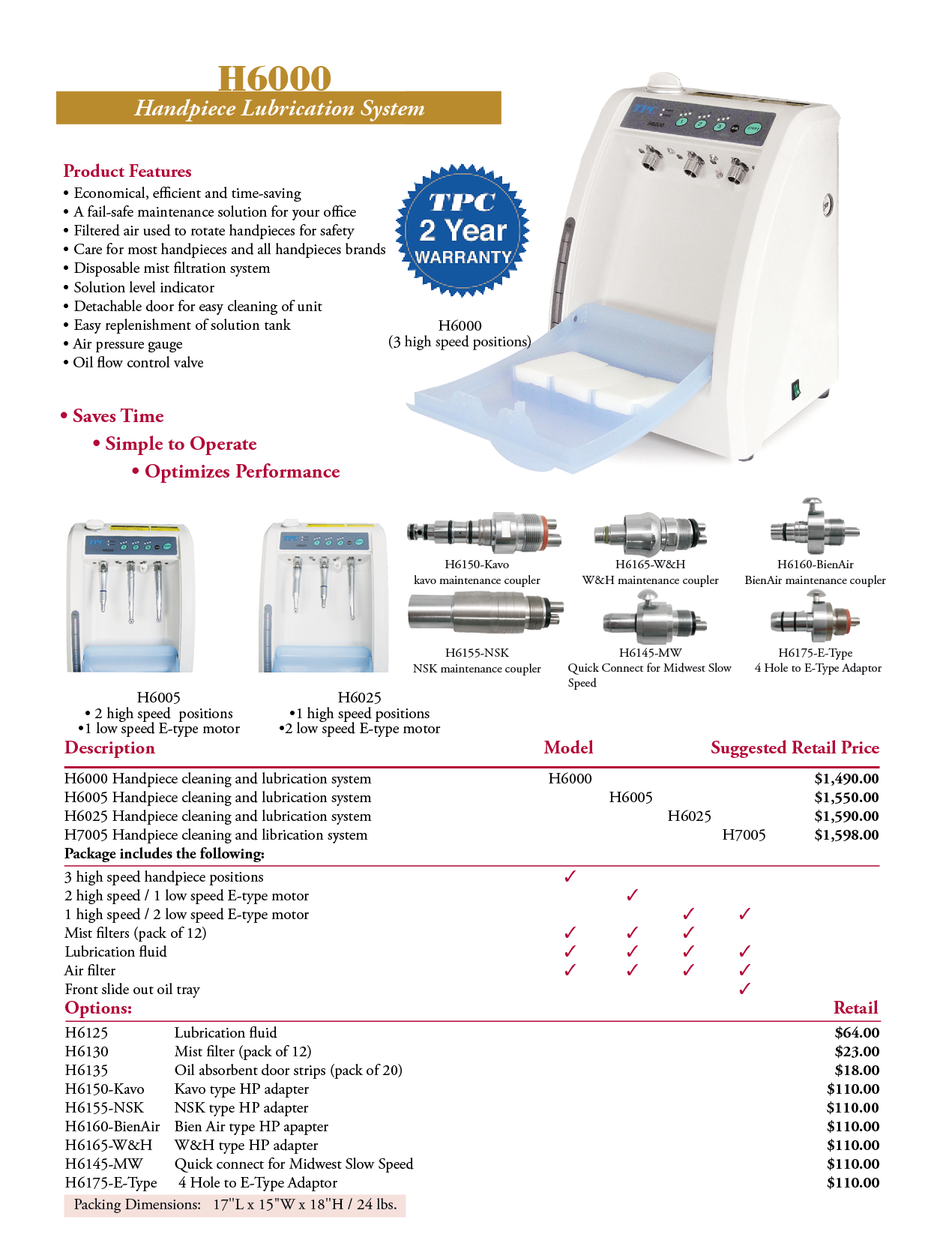 TPC manufacturer specifications and available options