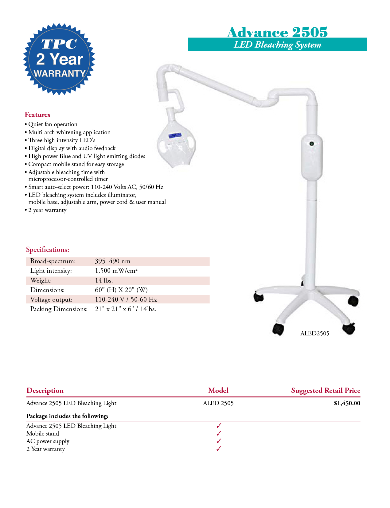 TPC manufacturer specifications and available options