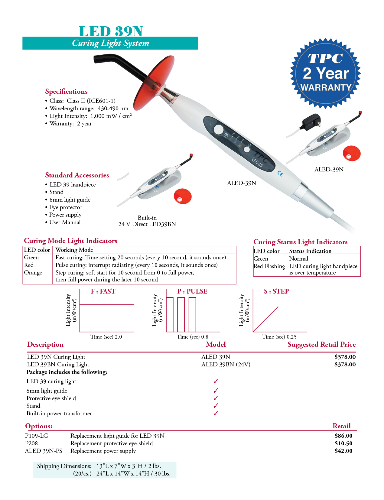 TPC manufacturer specifications and available options