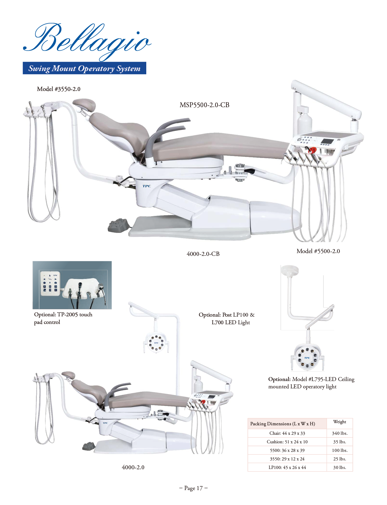 TPC Bellagio Swing Mount Operatory Package manufacturer specifications and options