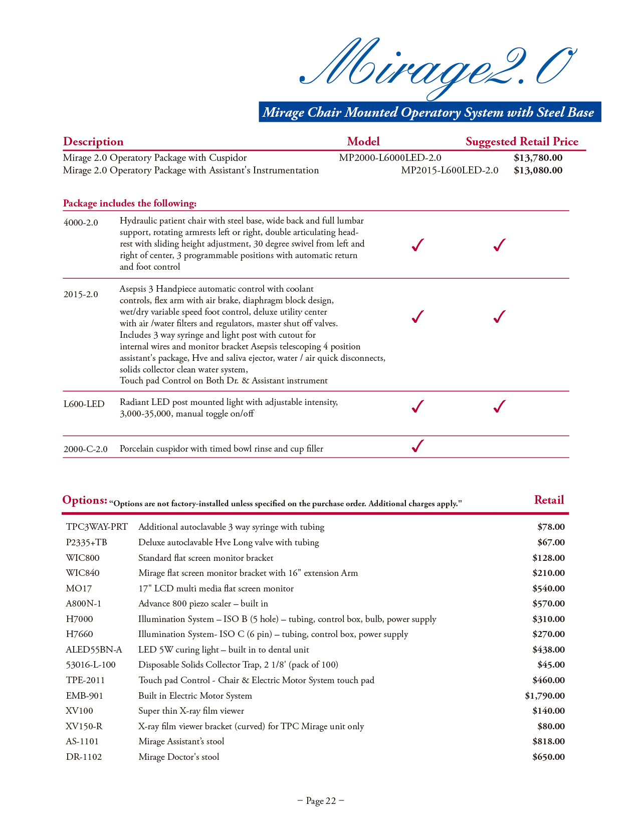 TPC manufacturer specifications and available options