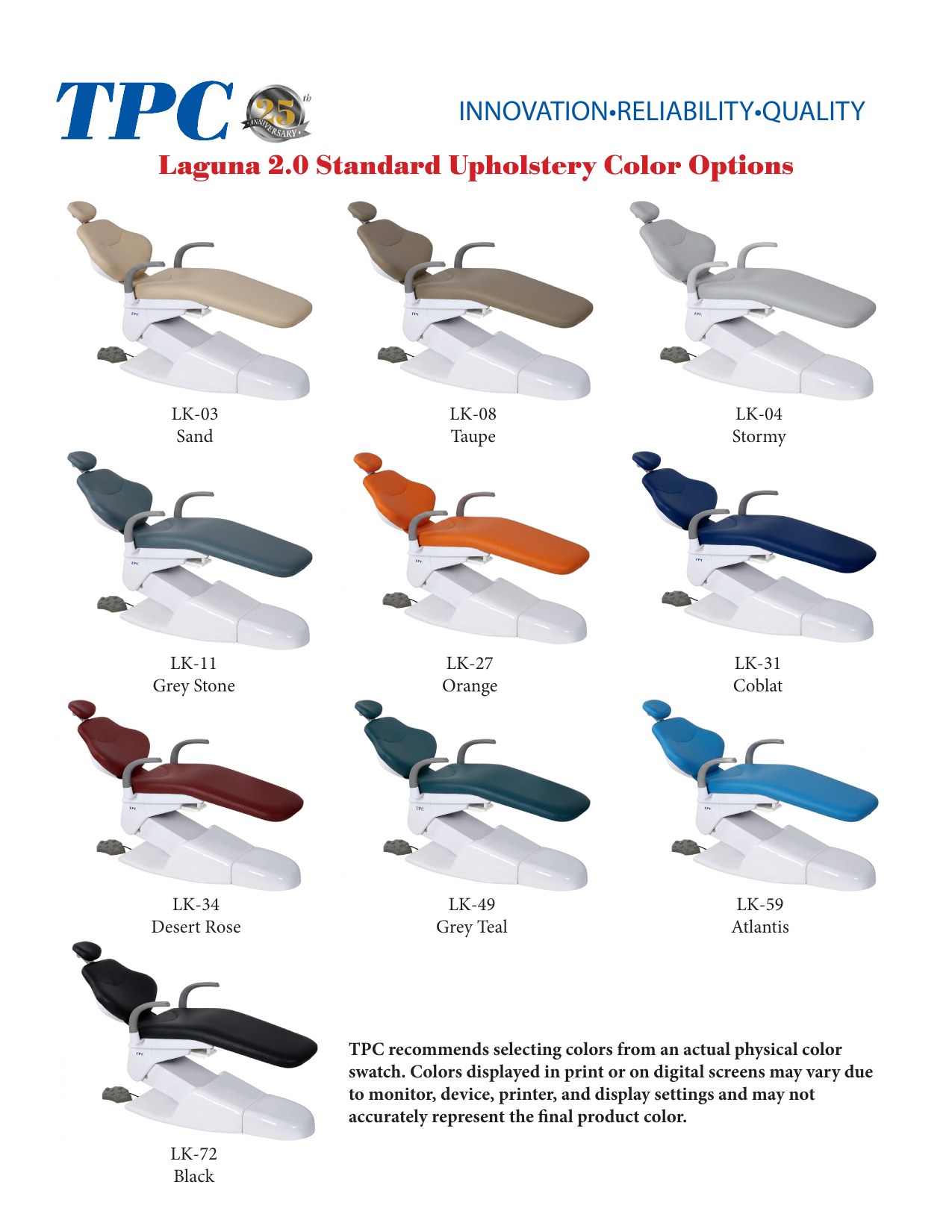 Laguna 2.0 standard upholstery color options chart