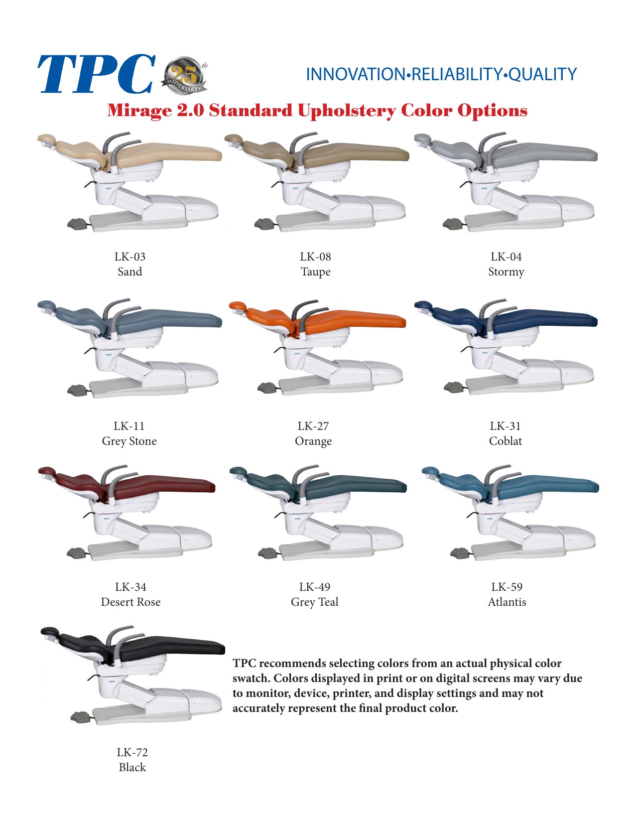 Mirage 2.0 standard upholstery color options chart