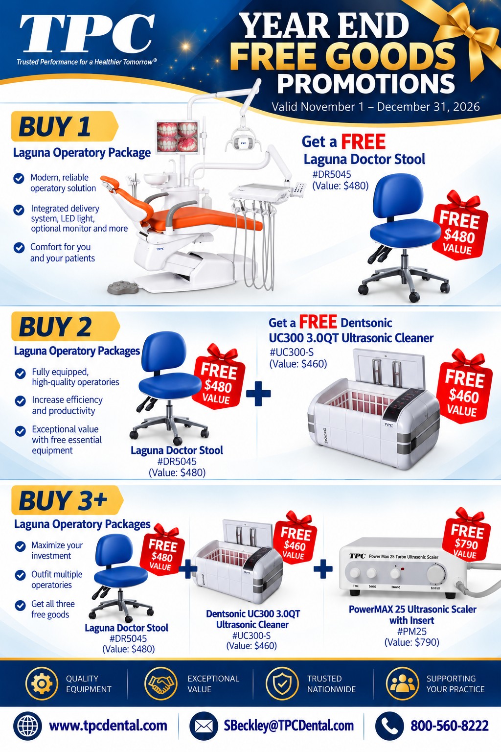 Year End Free Goods Promotions, Laguna Operatory Packages: buy 1 get a free Laguna Doctor Stool, buy 2 add a free Dentsonic UC300 ultrasonic cleaner, buy 3 or more add a free PowerMAX 25 ultrasonic scaler. Valid November 1 to December 31, 2026.