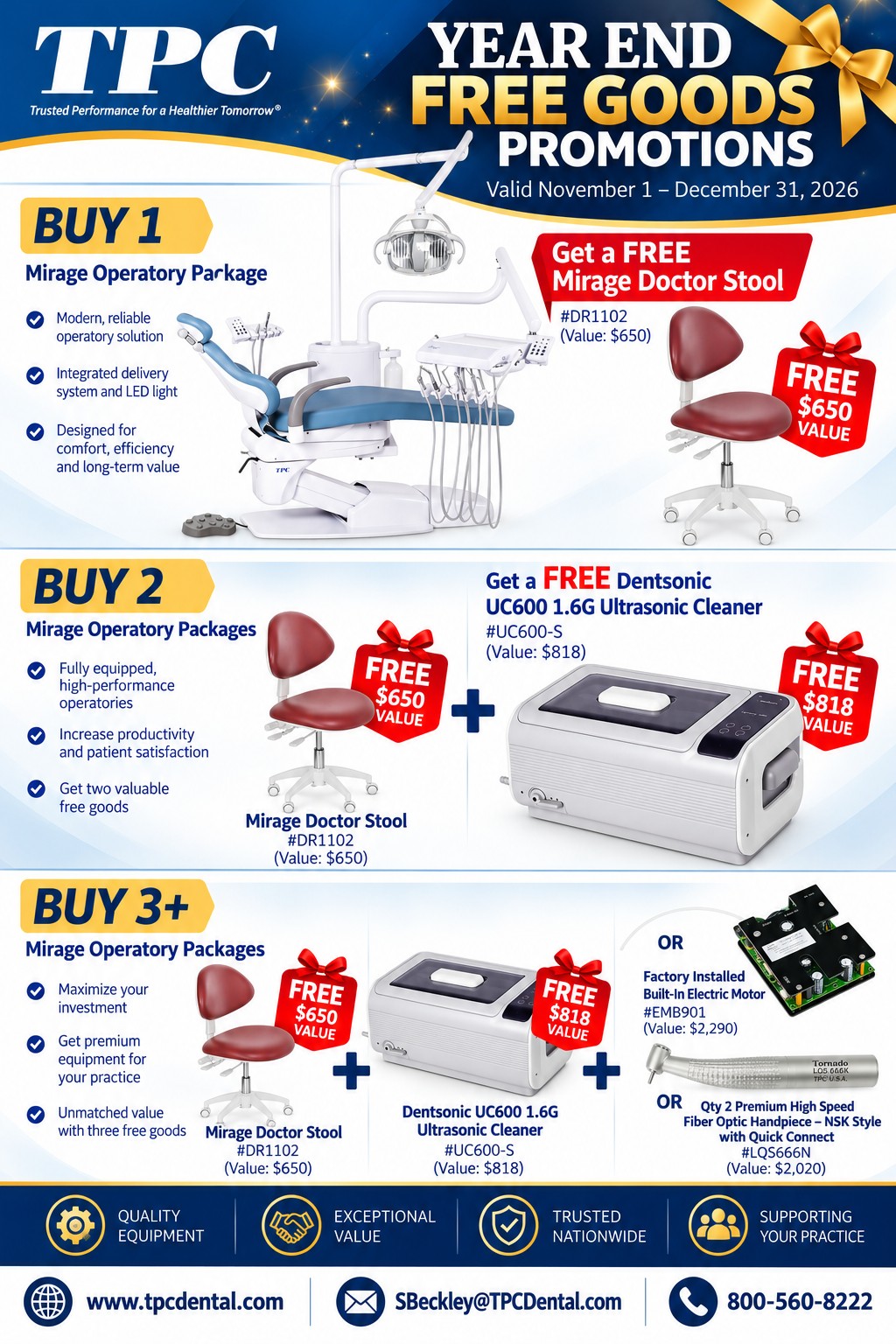 Year End Free Goods Promotions, Mirage Operatory Packages: buy 1 get a free Mirage Doctor Stool, buy 2 add a free Dentsonic UC600 ultrasonic cleaner, buy 3 or more add a choice of built-in electric motor or two high speed handpieces. Valid November 1 to December 31, 2026.
